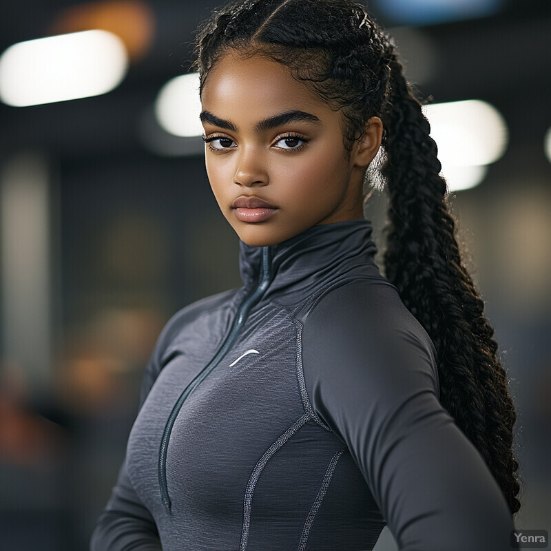 A young woman with dark skin and curly black hair styles in braids pulled back into a ponytail wears an athletic top featuring a high collar and zipper down the front, suggesting it may be designed for athletic wear.