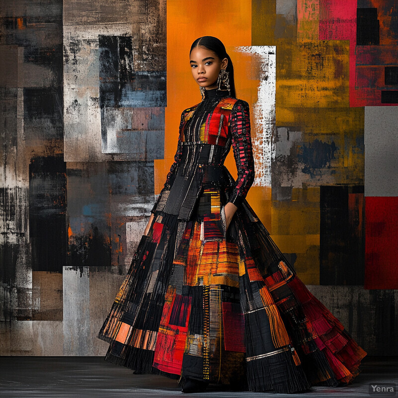 A woman stands in front of an abstract painting featuring geometric shapes and colors.