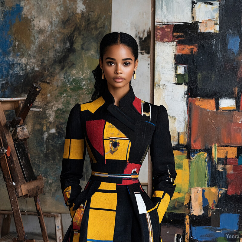 A confident woman stands in front of an abstract painting, wearing a geometric-patterned black coat.