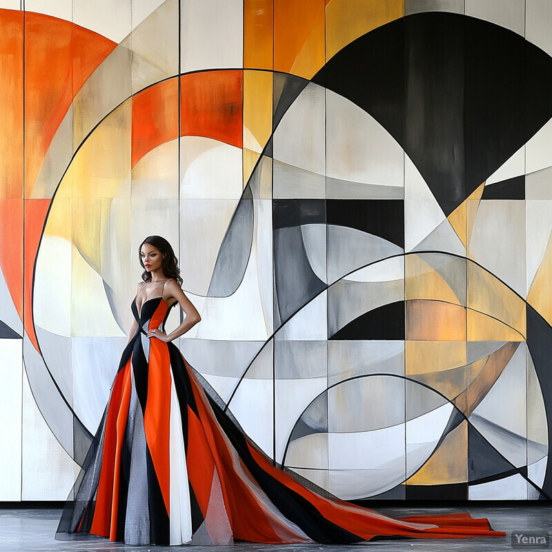 A woman in a bold, avant-garde gown stands confidently in front of an abstract art piece.