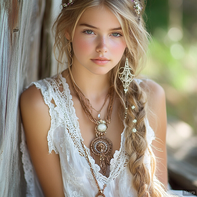 A young woman with long blonde hair and blue eyes, dressed in a white lace top and adorned with multiple necklaces, posing in an outdoor setting.