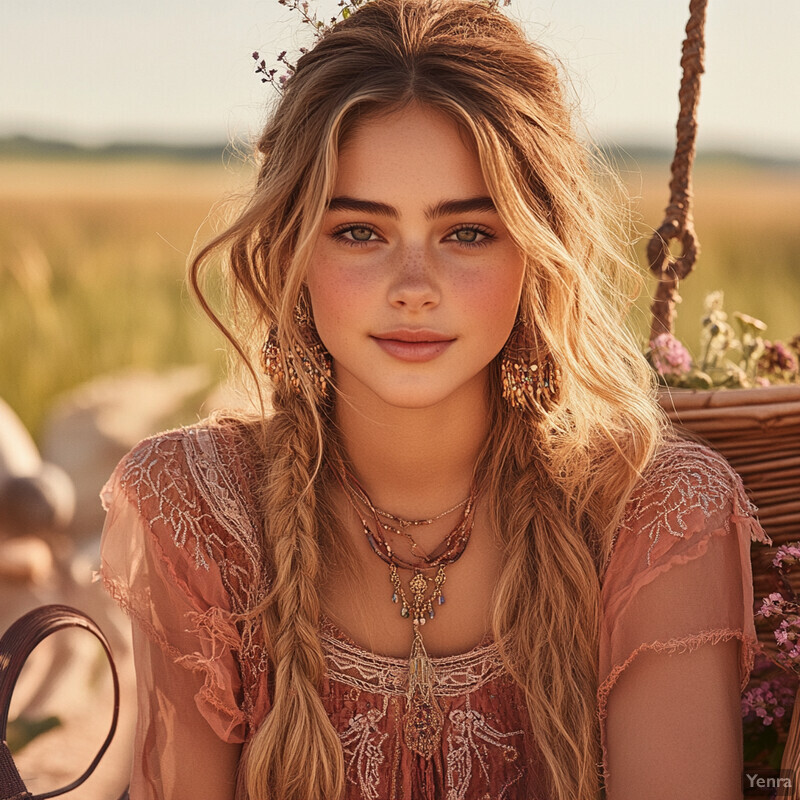 A young woman with long blonde hair stands in front of a blurred background of greenery, wearing a pink dress with white embroidery.