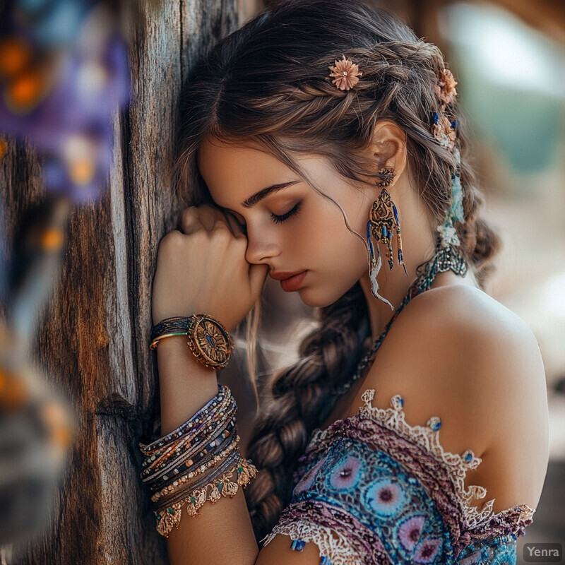 A young woman with long brown hair and bohemian-inspired clothing leans against a wooden post or wall in a natural outdoor setting.