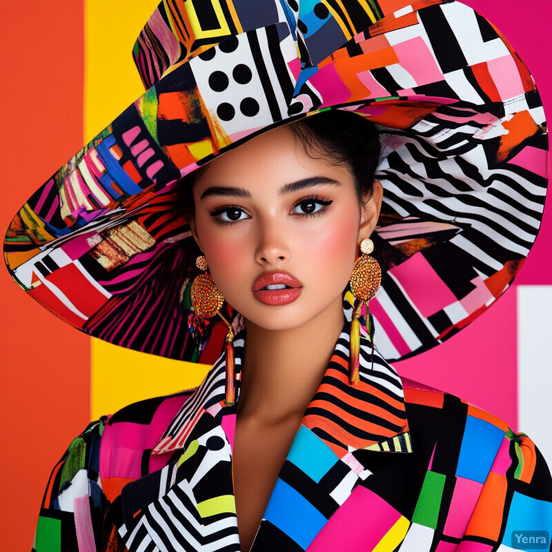 A woman in a bold and colorful outfit stands against a multicolored background