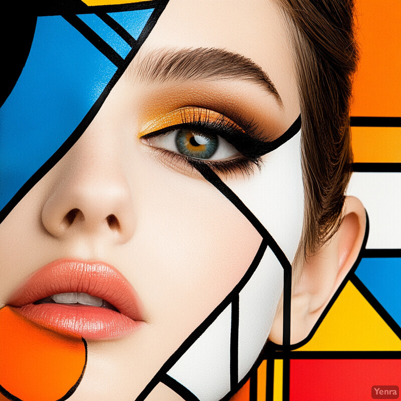 A close-up of a woman's face with bold makeup and geometric shapes in vibrant colors.