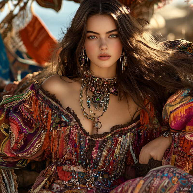 A woman with long brown hair and fair skin poses in a colorful dress, exuding a sense of relaxed sophistication and effortless style.