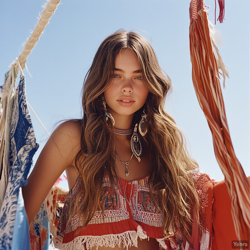 A young woman with long brown hair and a bohemian-style outfit surrounded by textiles or fabrics in different colors.