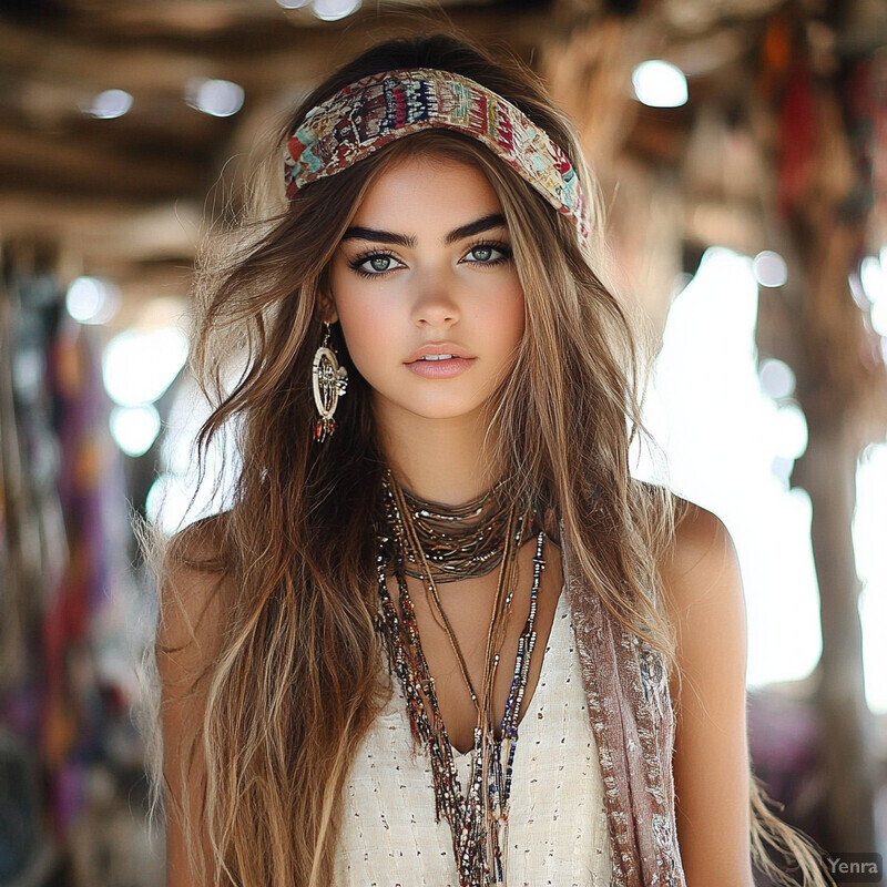 A young woman with long brown hair, wearing a white sleeveless top and multicolored headband or bandana, adorned with multiple necklaces and large dangling earrings, posing in a blurred indoor setting.