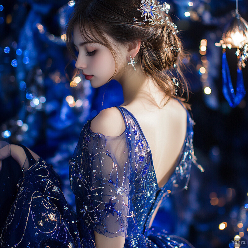 A woman in a blue dress with star and moon patterns stands against a backdrop of twinkling lights, gazing down at her outfit.