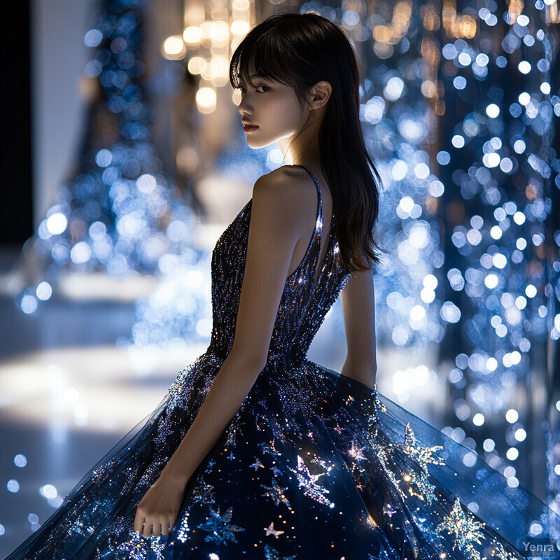 A young woman poses confidently in a stunning navy blue ball gown with star-shaped sequins, preparing for a formal event.