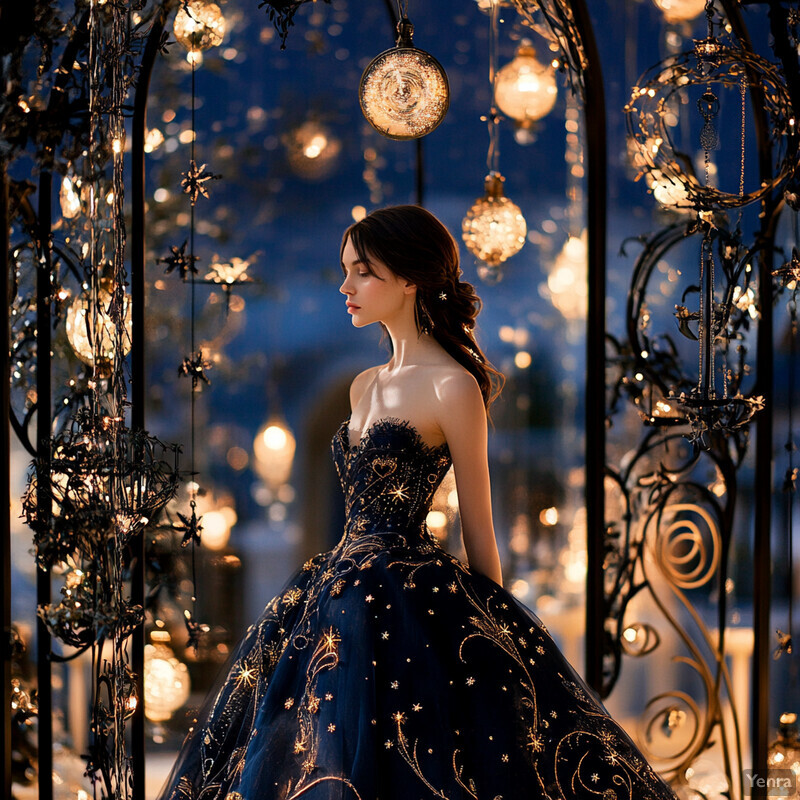 A woman stands within an ornate metalwork archway, surrounded by hanging light fixtures and decorations, wearing a stunning black and gold ballgown.