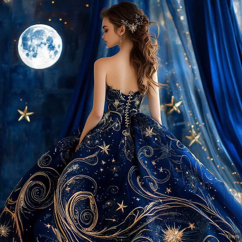 A woman in a celestial-patterned ball gown stands amidst lush greenery, her eyes closed and face tilted upwards.