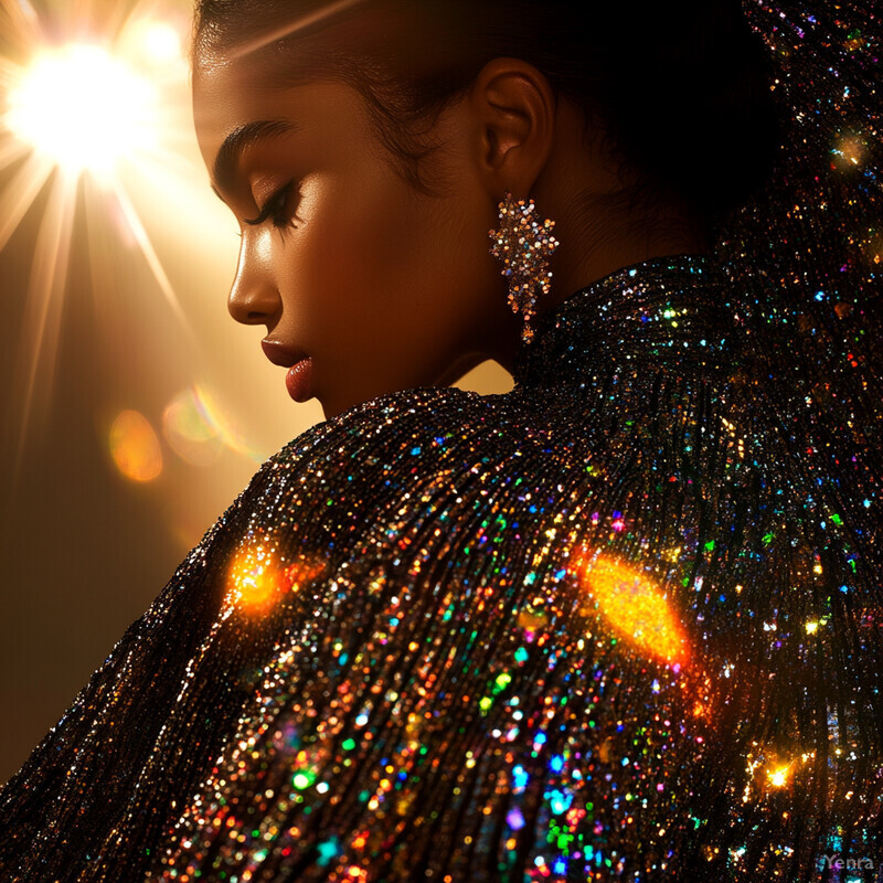 A close-up profile shot of a Black woman in an elegant black dress