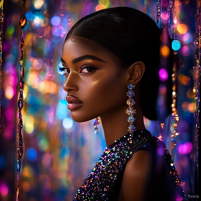 A woman with dark skin and black hair wears a sleeveless dress with sequins, posing confidently in front of a blurred background of lights.