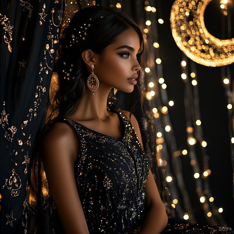 A woman with long dark hair and fair skin wears a black dress with gold sequins, standing against a deep brown background.