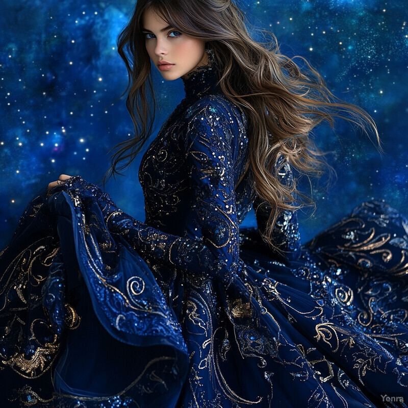 A woman in a dark blue dress stands against a starry sky, her gaze meeting the viewer's.