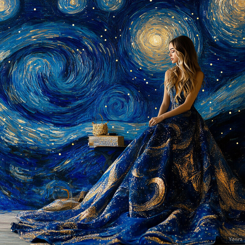 A woman sitting in front of a blue and gold background with swirling patterns, wearing a black dress with golden swirls, surrounded by books.