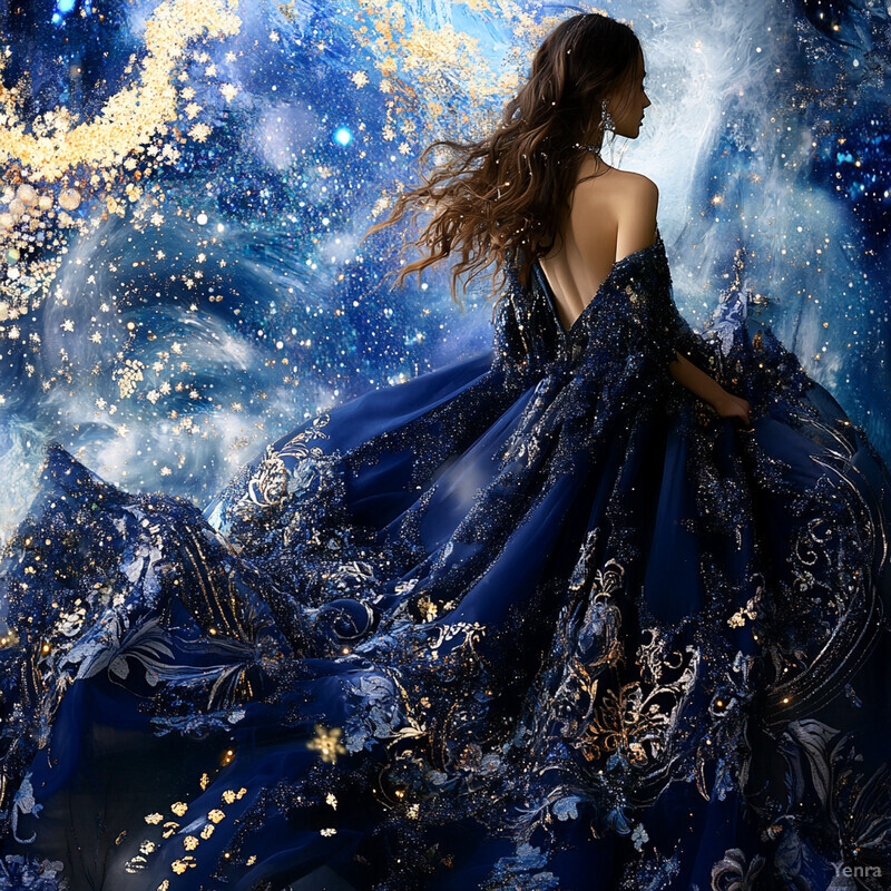 A woman in a stunning blue dress stands against a starry night sky backdrop, exuding peace and serenity.