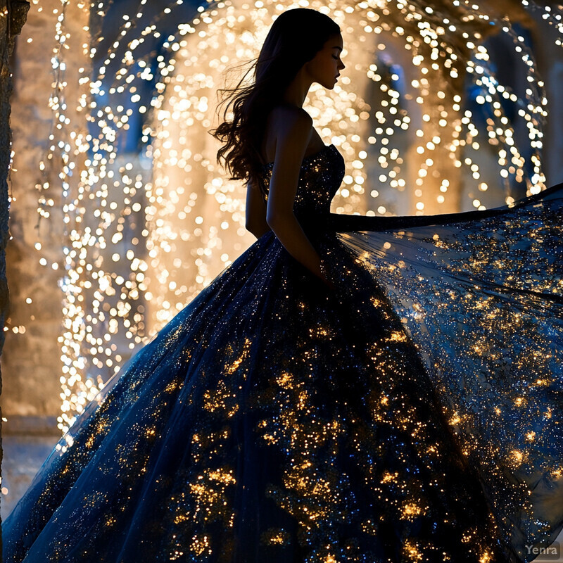 A woman in a black ball gown with gold sequins and crystals stands confidently against a blurred forest background.