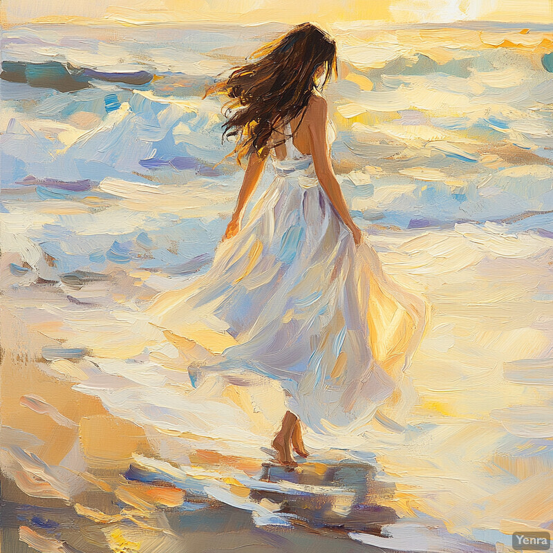 A woman walks on the beach during sunset, wearing a white dress and bare feet, with a sense of peacefulness and contentment.