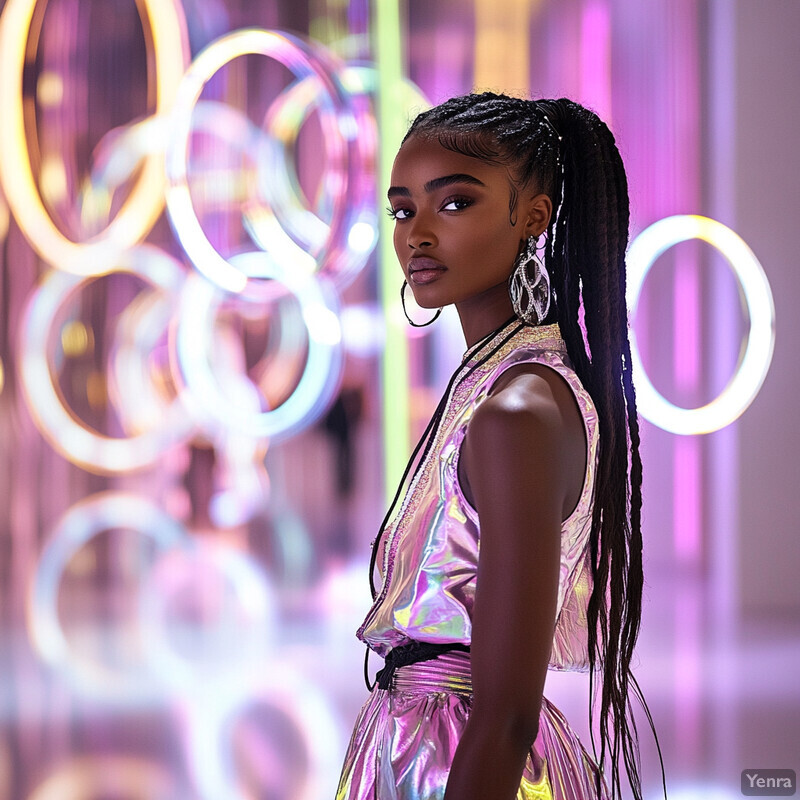 A young woman with long braids and metallic pink outfit stands in front of neon lights