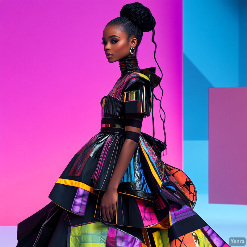 A woman with dark skin and long black braids poses against a pink background, wearing a colorful layered dress.