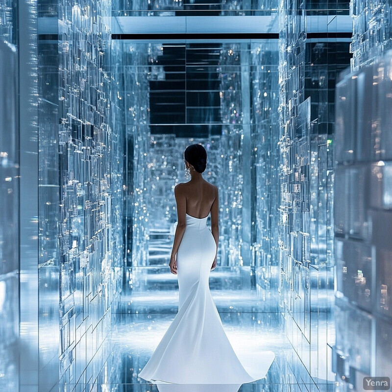 A woman in a white wedding dress stands in a luxurious hallway with crystal walls and floors.