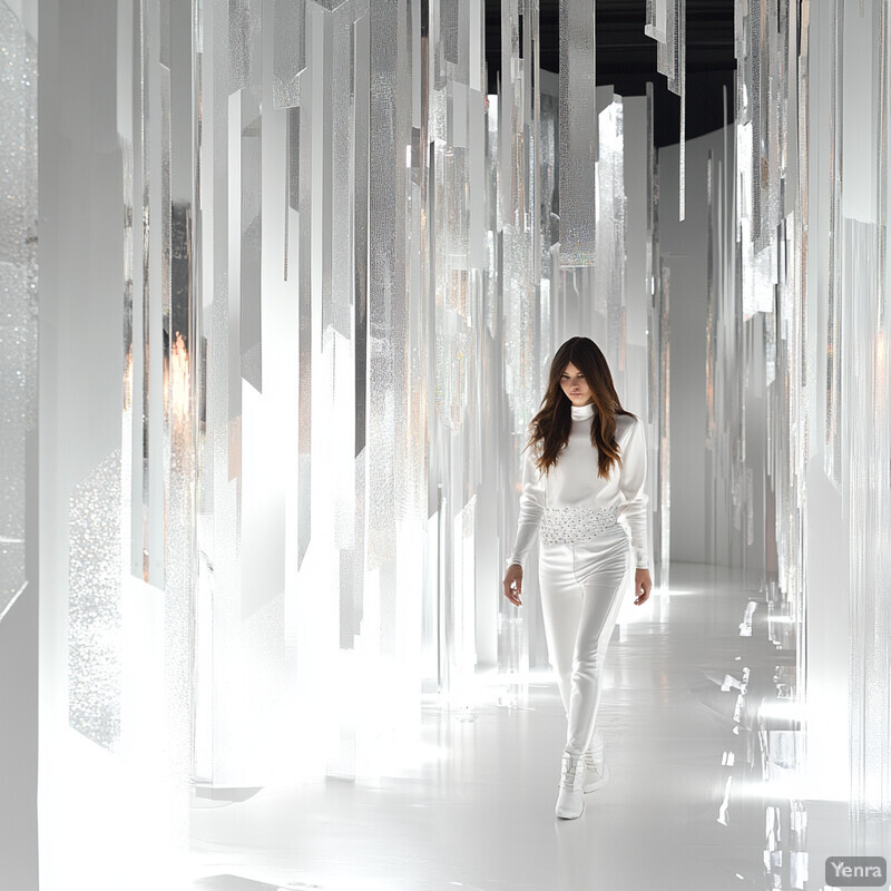 A woman walks through an art installation featuring hanging crystal-like objects.