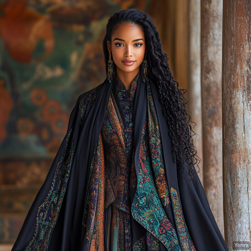 A woman with long, wavy dark hair wears a vibrant dress with intricate patterns and designs.