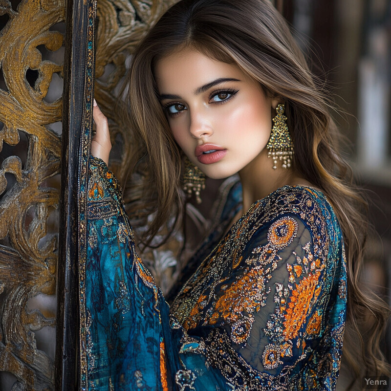 A young woman with long brown hair and fair skin poses elegantly in an ornate blue dress