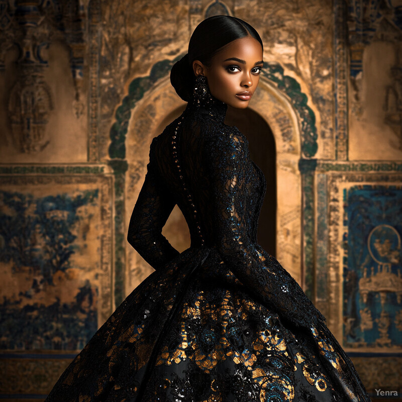 A woman in a luxurious dress stands in front of an ornate wall, exuding confidence and poise.