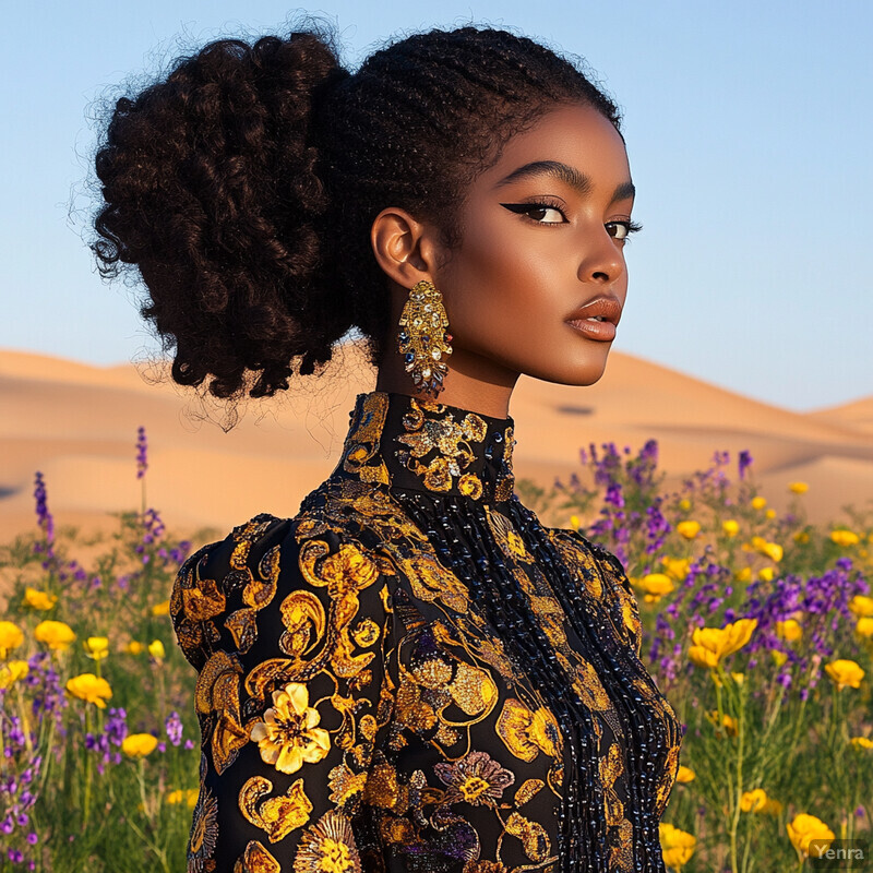 A young woman stands amidst a desert landscape surrounded by wildflowers