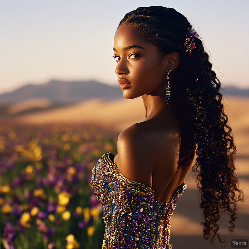 A woman stands in a desert landscape surrounded by flowers.