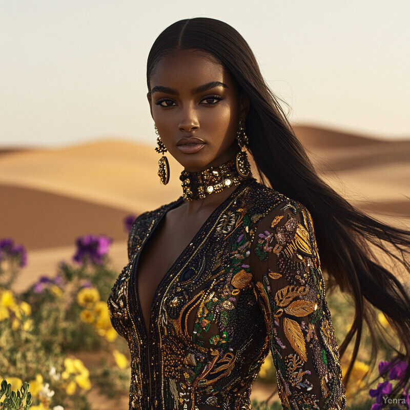 A woman stands confidently in front of a desert landscape, surrounded by vibrant flowers.