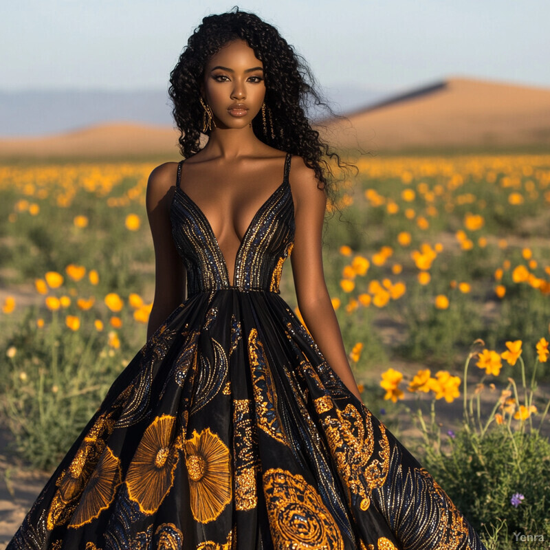 African-American woman standing in front of sand dunes and desert flowers