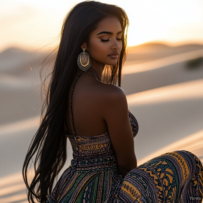 A woman sits in a desert landscape at sunset, wearing a patterned dress and large earrings.