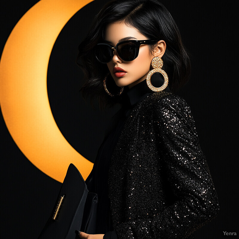 A stylishly dressed woman with dark hair and sunglasses stands against a striking black background with a bright yellow crescent moon or sun