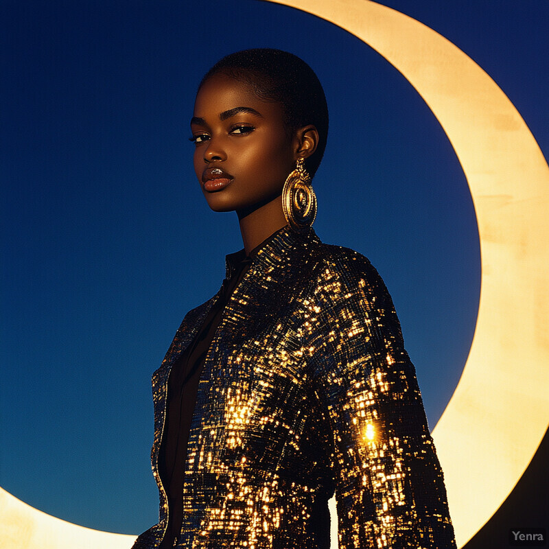 A woman stands confidently in front of a crescent moon-shaped light fixture, wearing a gold sequined jacket and large gold earrings.