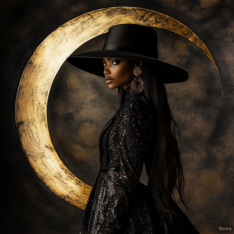 A woman stands in front of a crescent moon, exuding elegance.