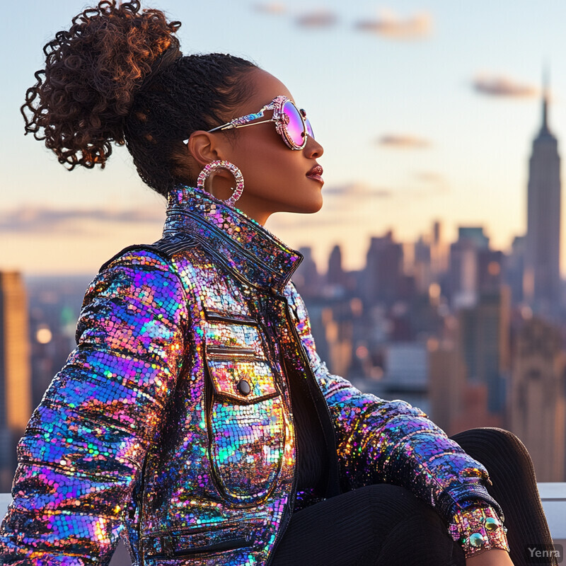 Woman sitting on rooftop, gazing at cityscape