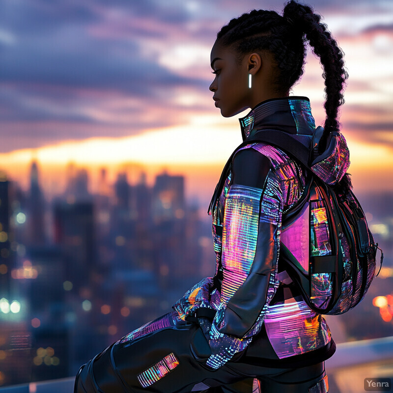 A woman in a futuristic outfit stands in front of an enchanted cityscape at dawn or dusk.