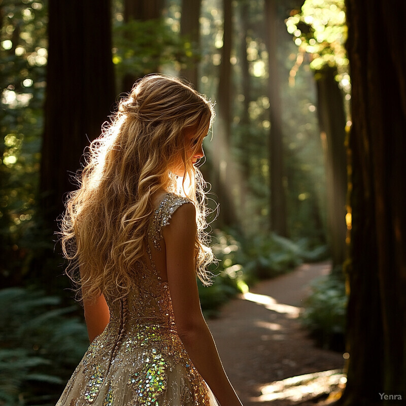 A woman in a gold dress stands in an enchanted forest, surrounded by lush greenery and tall trees.