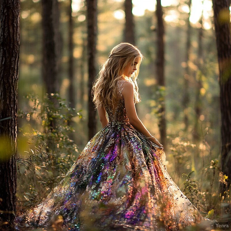 A woman stands in an enchanted forest, surrounded by tall trees and lush foliage, wearing a long, flowing gown with intricate details and patterns.