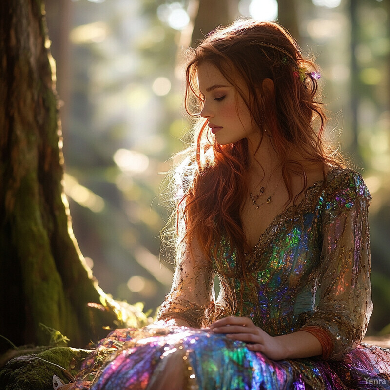 A serene and enchanting scene of a woman sitting in an enchanted forest