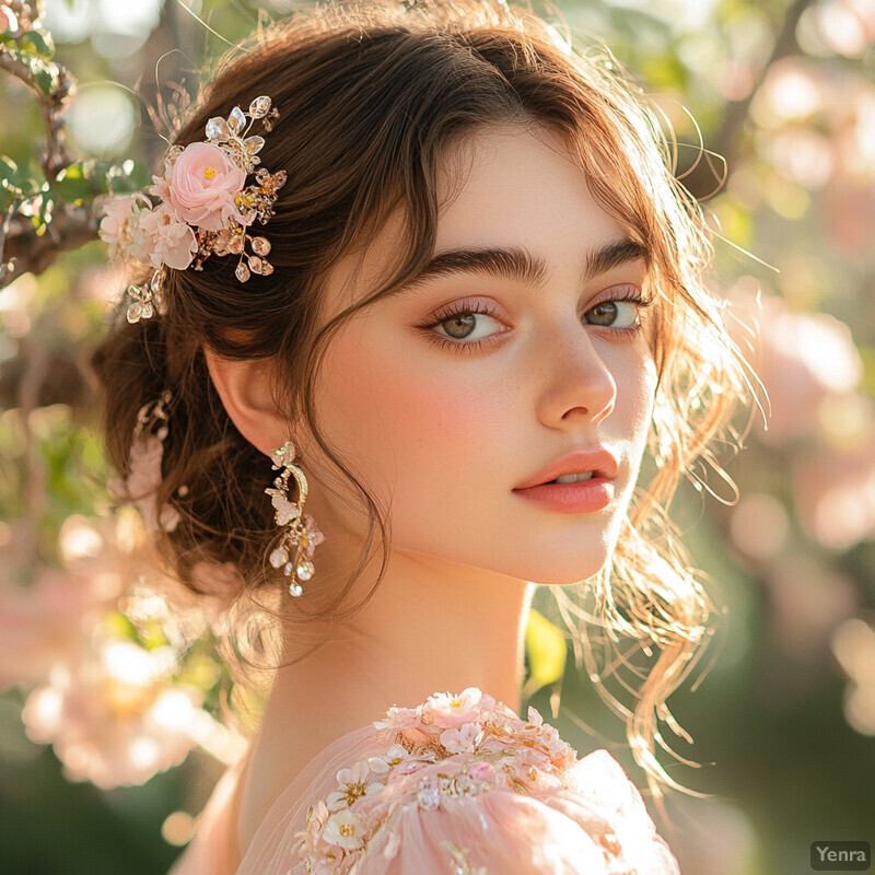 A young woman with fair skin and brown hair styled in loose waves, adorned with flowers and a pink dress.