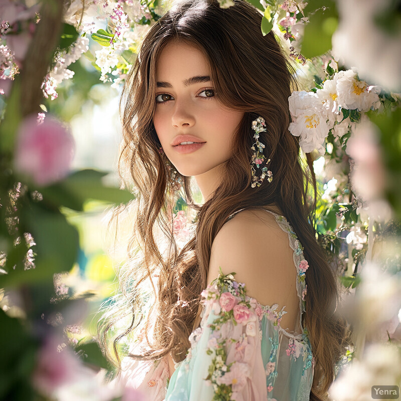 A young woman with long brown hair and fair skin poses in a floral dress amidst a garden setting.