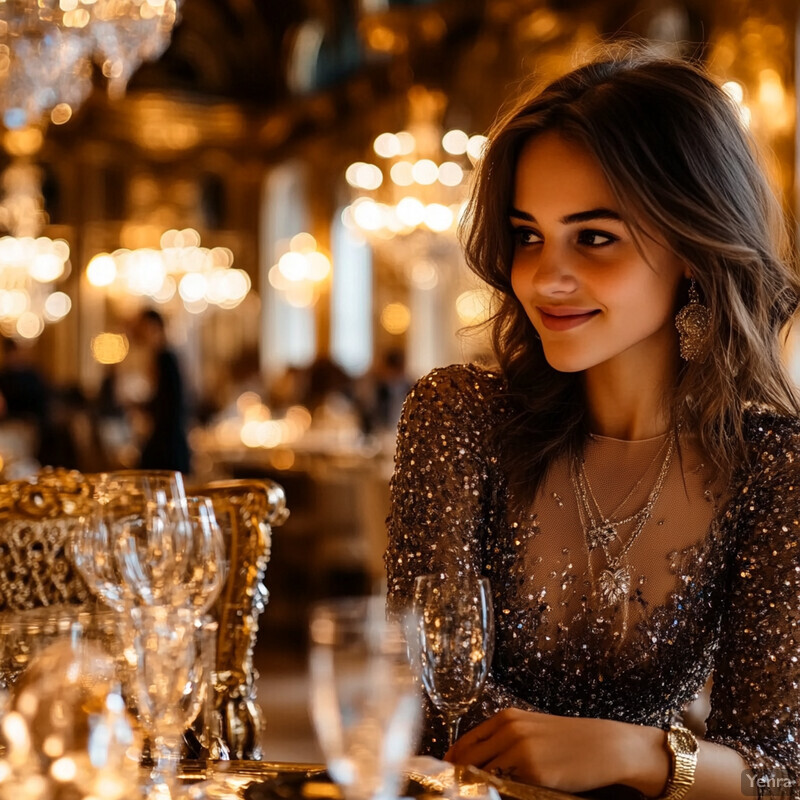 A woman sits at a table in a luxurious setting, surrounded by fine china and crystal glassware.