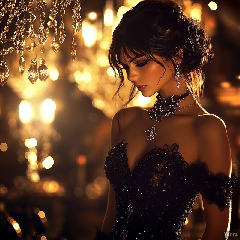 Elegant woman in black evening gown with intricate lace and jewels, standing in front of a blurred room with a chandelier.