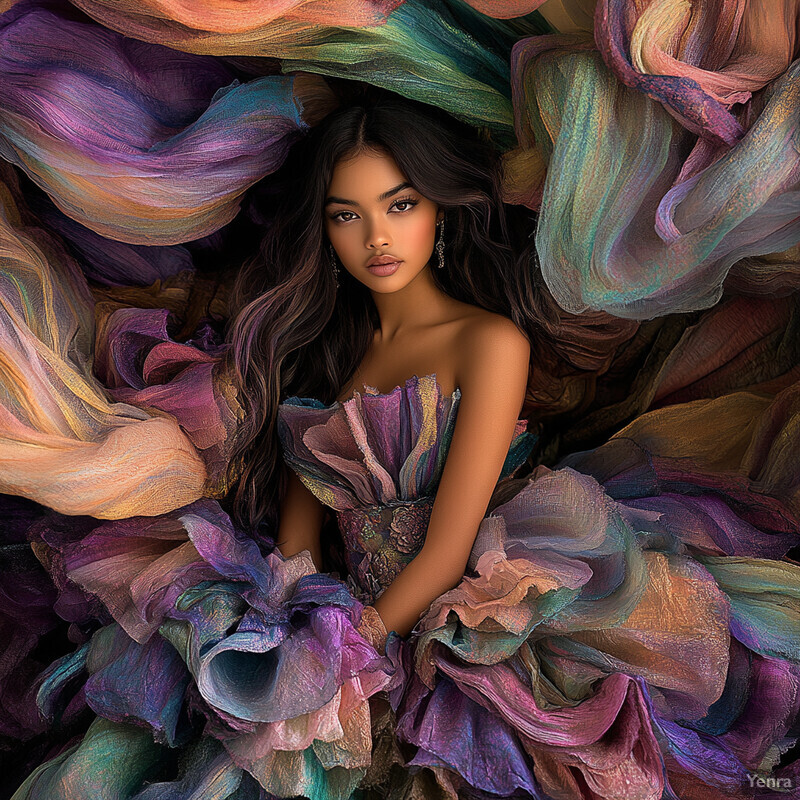 A young woman with long dark hair and fair skin wears an elaborate purple, pink, blue, and yellow flower-adorned dress.