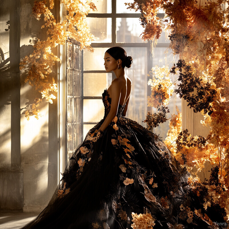 A woman stands in front of a window surrounded by flowers and foliage, exuding elegance and serenity.